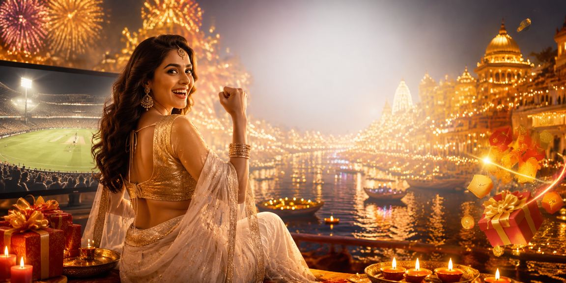 Lady receiving gaming bonus winnings on mobile during Indian festival