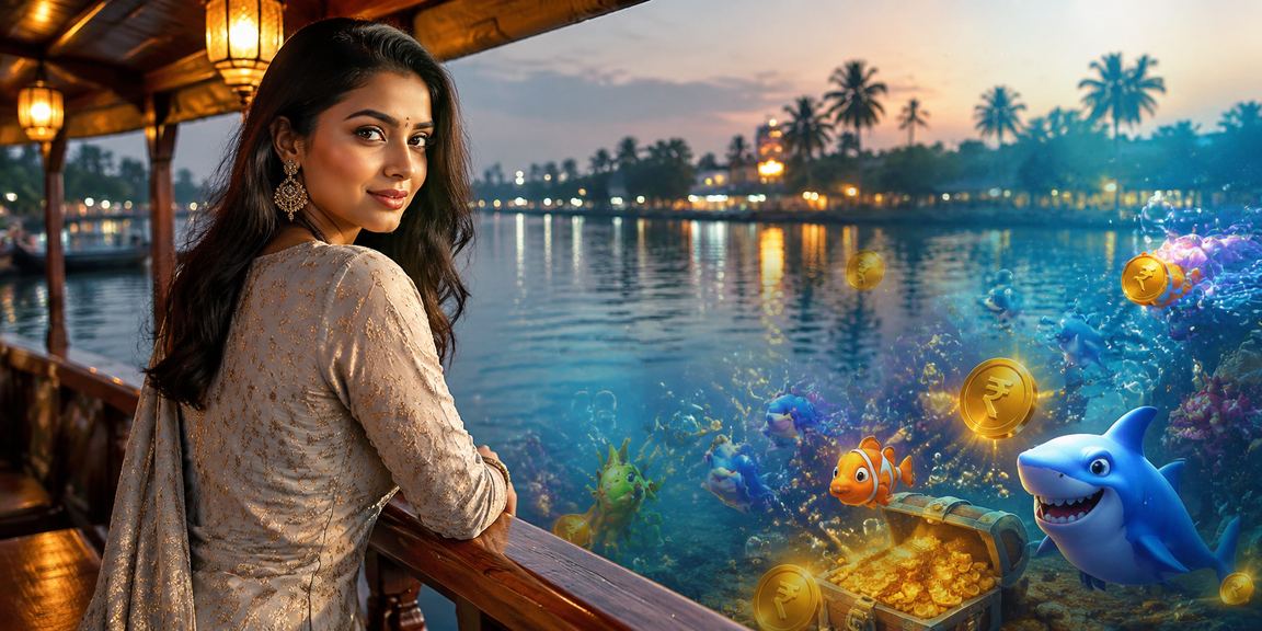 Woman playing lottery online with mobile device in Kerala backwaters