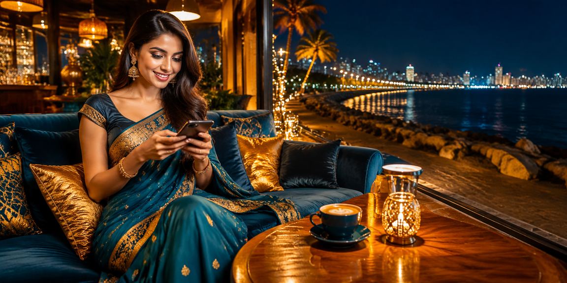 Woman enjoying casino promotions by the Arabian sea at Marine Drive, Mumbai